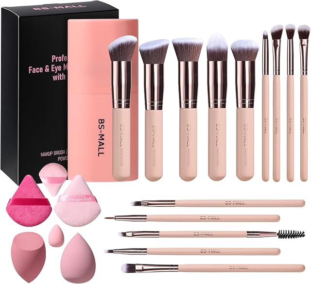 BS-MALL Brosses de maquillage Premium Synthétique Fondation Conceleurs de poudre Shadows maquillage 14 Set de brosses Pcs, ensemble rose, avec boîtier