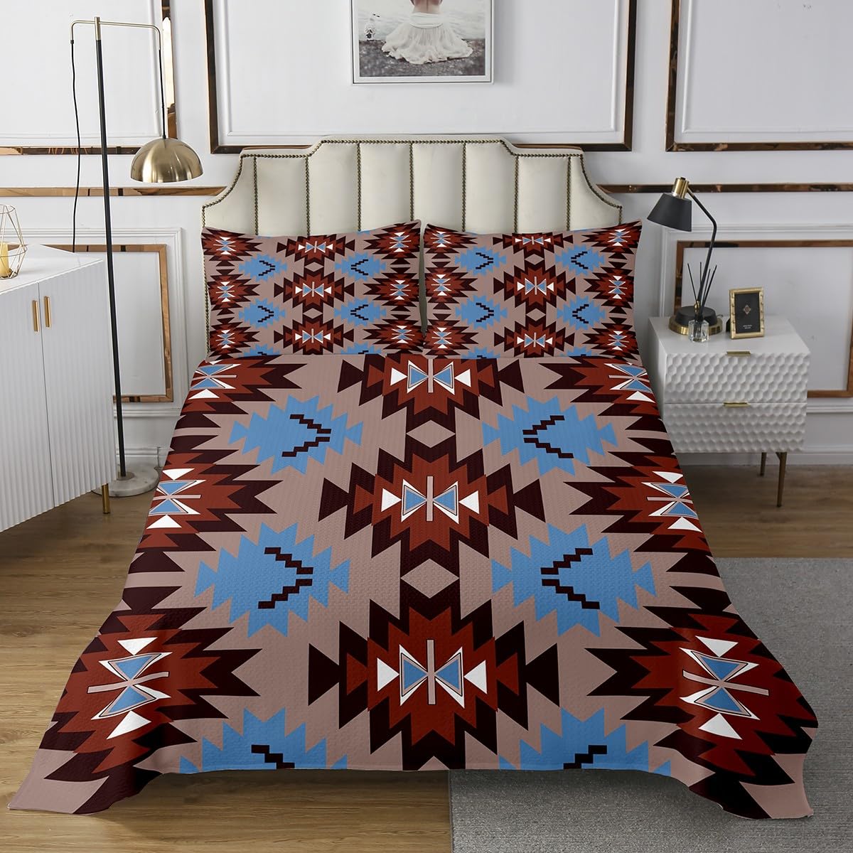 jejeloiu Southwest Native Bedspread Southwestern Geometric Bedspread for Kids Boys Girls Tribal Coverlet Set Brown Blue Quilted with 1 Pillowcase 2Pcs Bedding Twin
