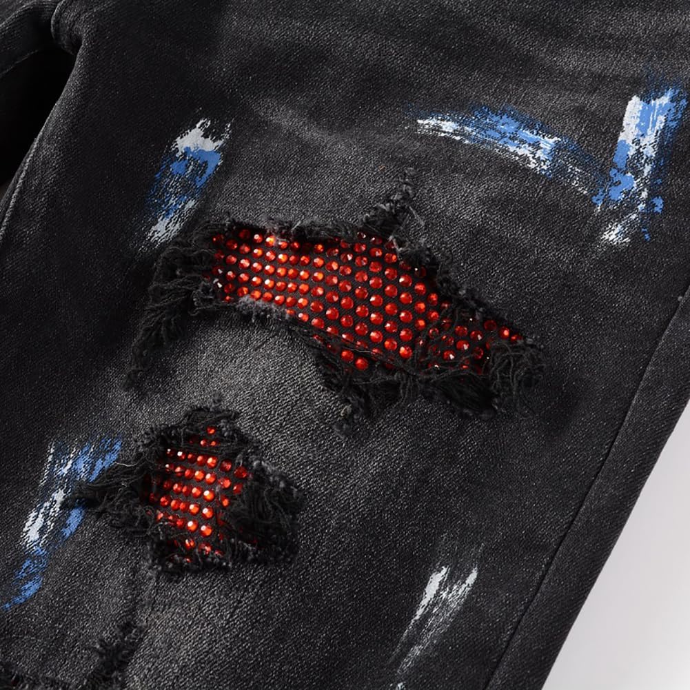 Mens Red Crystals Patchwork Jeans Skinny Stretch Tight Fit Distressed Painted Rhinestones Patched Ripped Pants