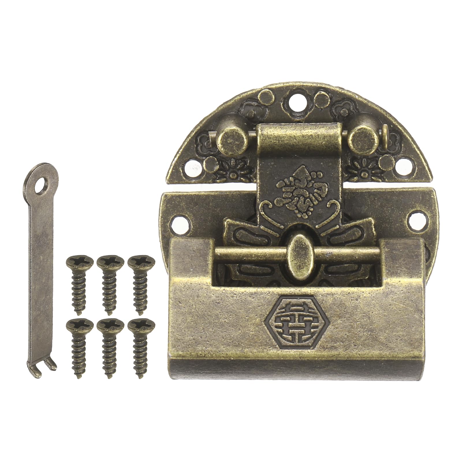 PATIKIL Vintage Decorative Hasp Latch, (1.22" x 1.3", Bronze), Retro Embossing Locking Hasp Latch Clasp Set and "Happiness" Padlock, Suit for - Jewelry Box/Wooden Case/Cabinet