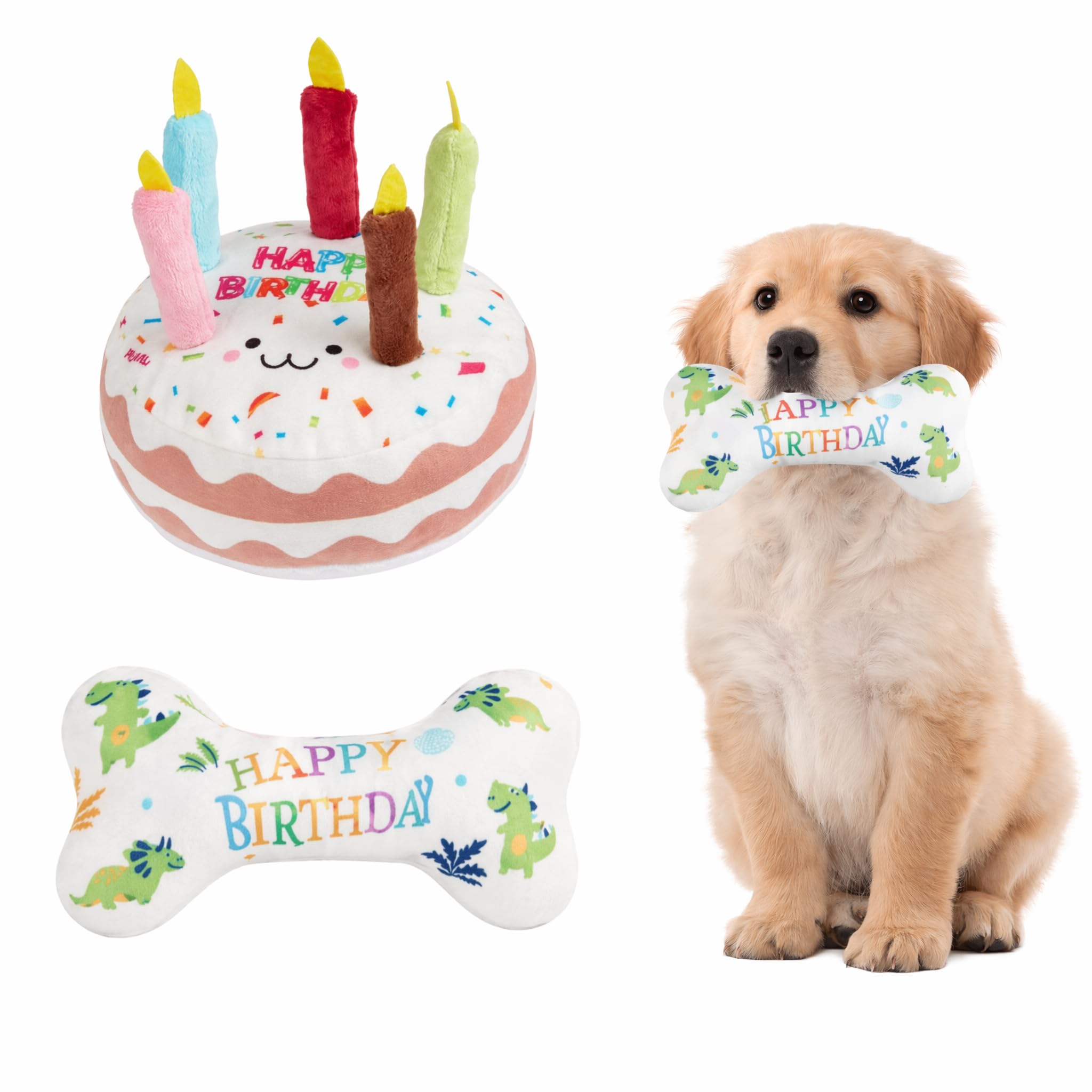Copbopwn 2Pcs Dog Birthday Cake Toy Set with Squeaker Plush Bone Gifts