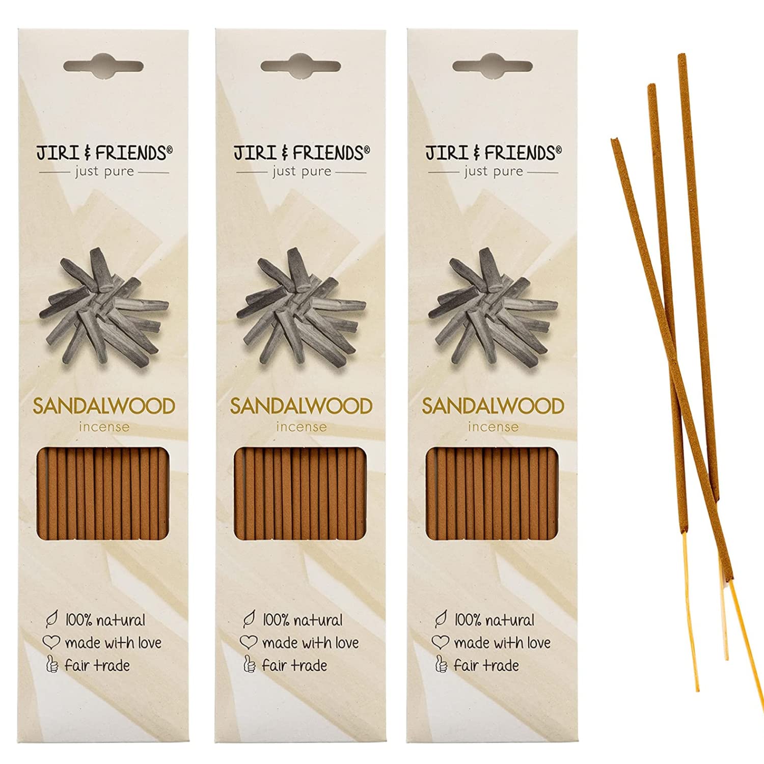 Jiri & Friends 3-Pack Natural Incense Sandalwood Fair Trade 100% Natural 15 Sticks