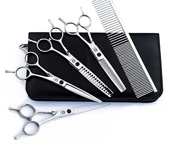 Dream Reach 6 inch 5pcs/set Pet Scissors Dog Grooming Shears Set Straight/Curved/Thinning/Chunker Shears Grooming Comb-Twin Tail Animals Hair Cutting Tools Kit