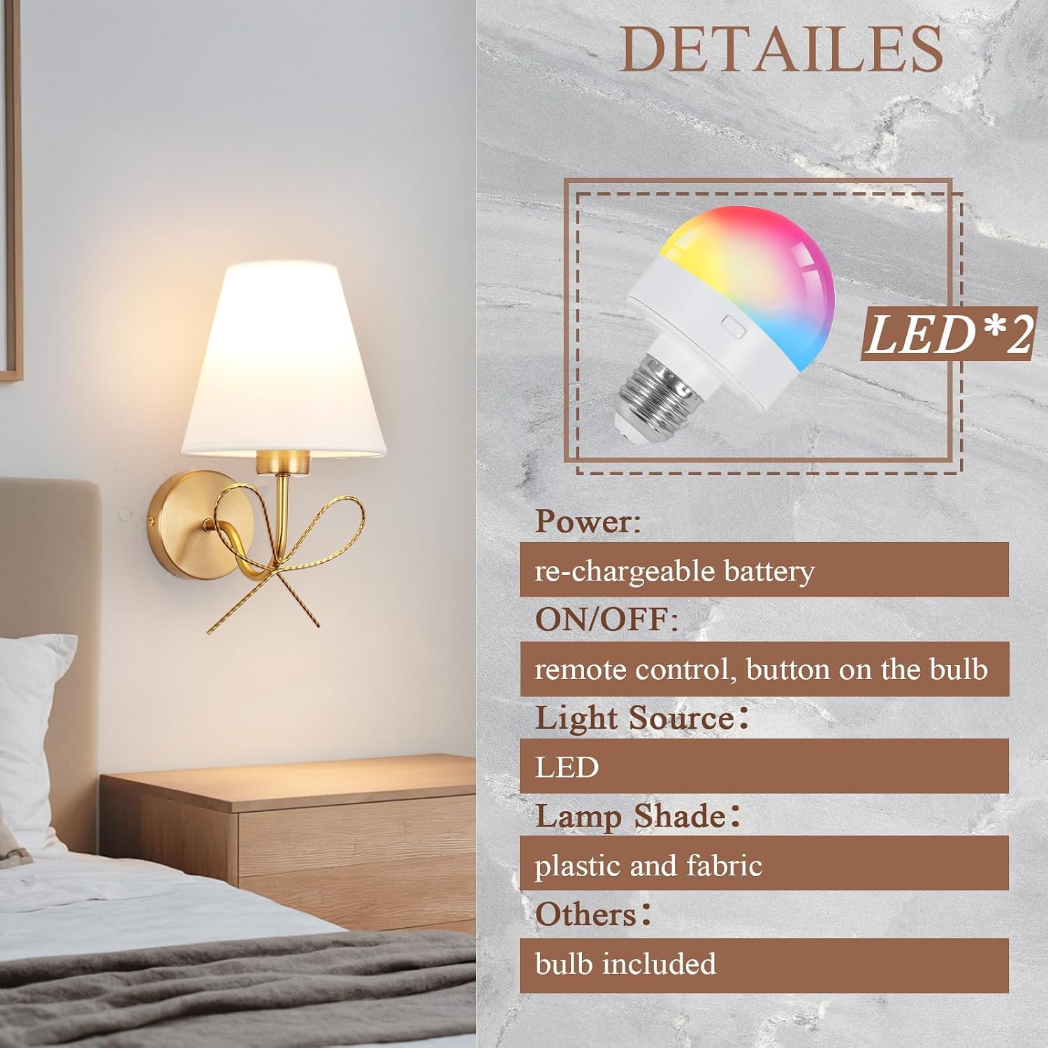 Lampada da parete a LED per interni lampada da parete retrò senza fili alimentata a batteria senza collegamento alla rete elettrica con telecomando 15 colori lampada da camera da letto dimmerabile