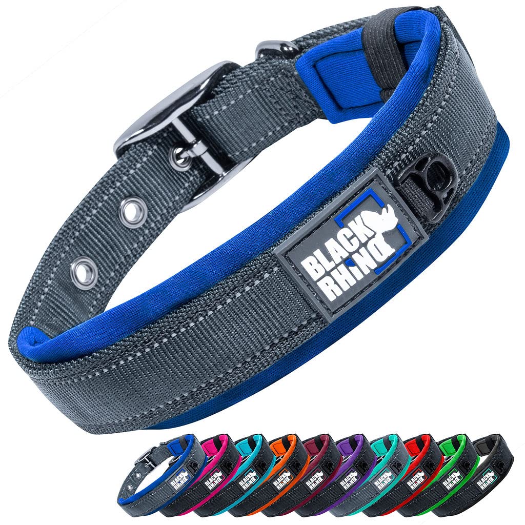 Black Rhino - The Comfort Collar - Collar de perro acolchado de neopreno ultra suave para todas las razas. Resistente, ajustable, reflectante y resistente a la intemperie (M, azul y negro)