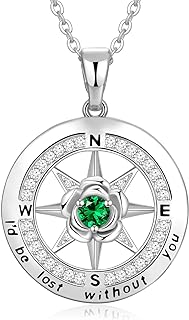 Silver Compass Necklace for Women Birthday Gifts for Wife Anniversary Necklace for Women Rose Flower Birthstone Necklaces for Wife Jewelry for Womens Girlfriend Mom Daughter