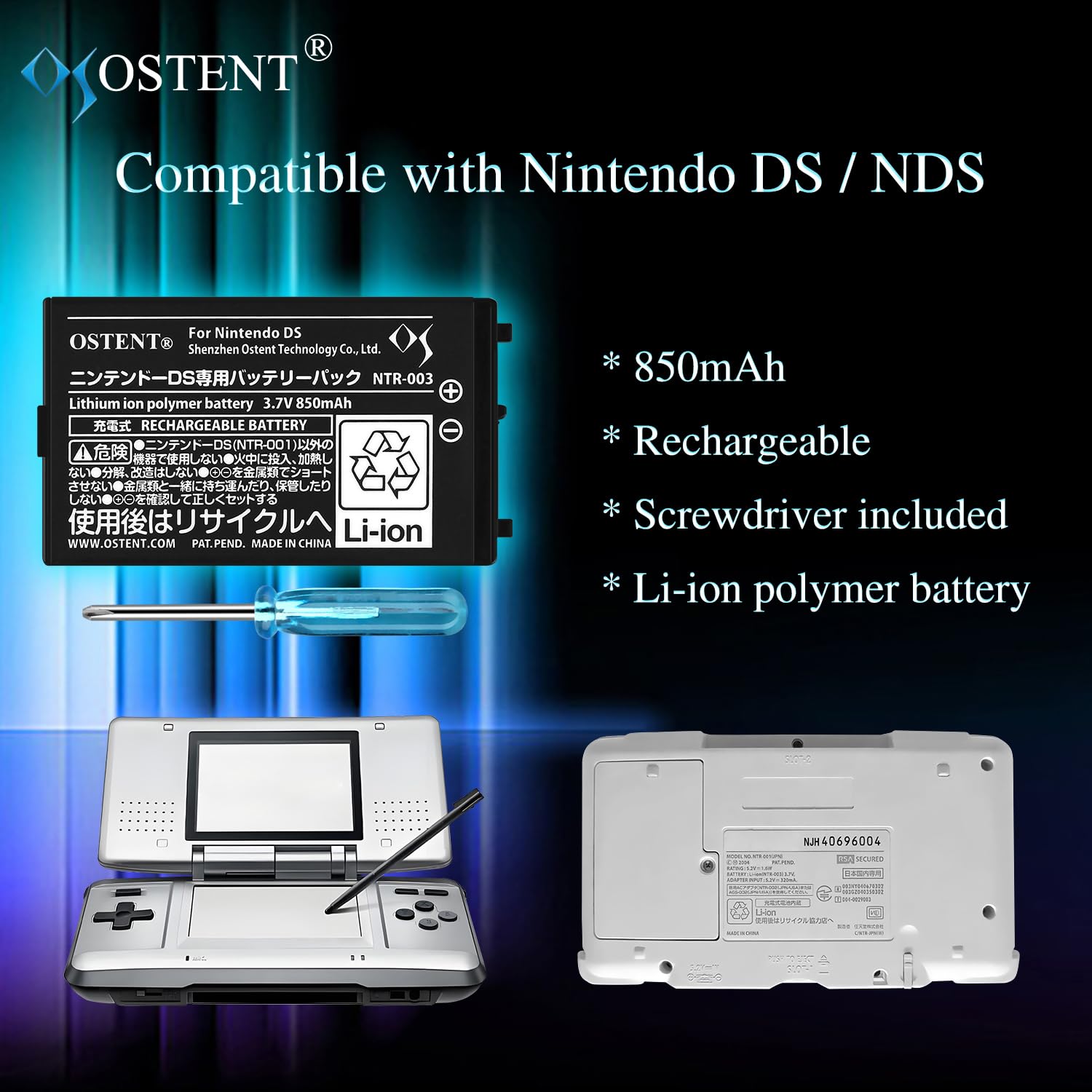 OSTENT 850mAh de Iones de Litio Li-Ion Polímero Recargable Batería Kit de Herramientas para Nintendo DS NDS