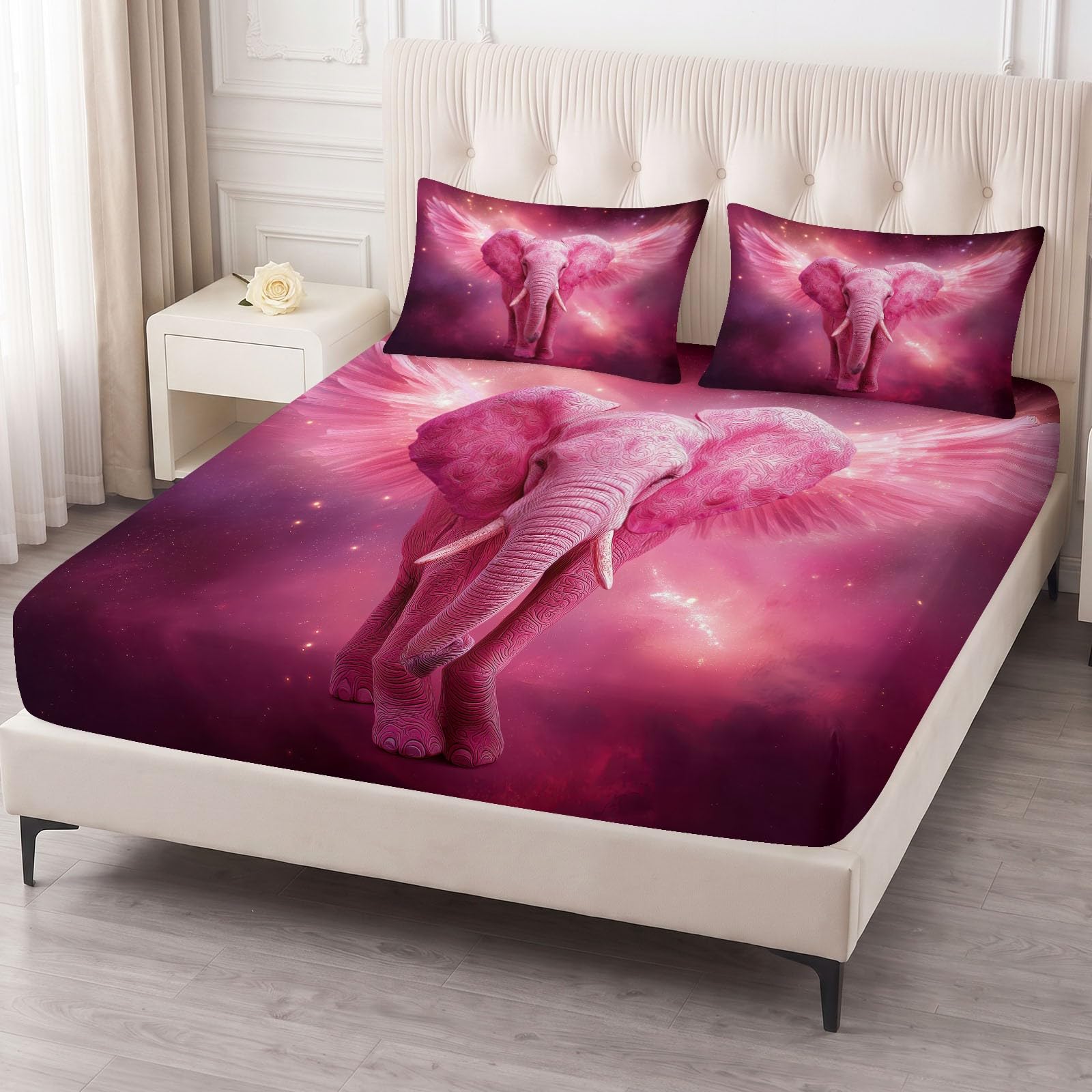 Juego de sábanas bajeras ajustables de 3 piezas, 160 x 200 cm, diseño de elefante, de microfibra, romántica, de color rosa, suave y agradable a la piel, transpirable, hipoalergénica, para colchones de