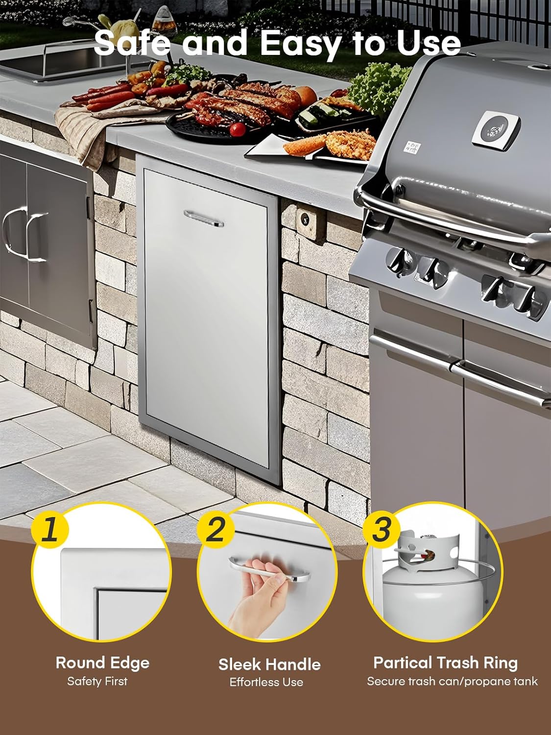 FOHERE Outdoor Kitchen Trash Drawer, 19.7" Pull Out Built-in Outdoor Trash Can with Fixed Ring for Outdoor Cabinets, 304 Stainless Steel BBQ Island Garbage Drawer for Grill Station