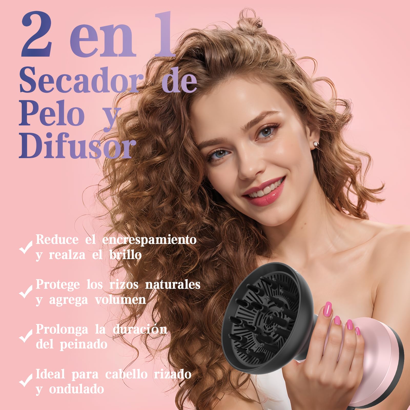 Difusor Pelo Rizado Profesional 2 en 1, 1700-2000W, 3 Temperaturas/2 Velocidades, Iones Negativos