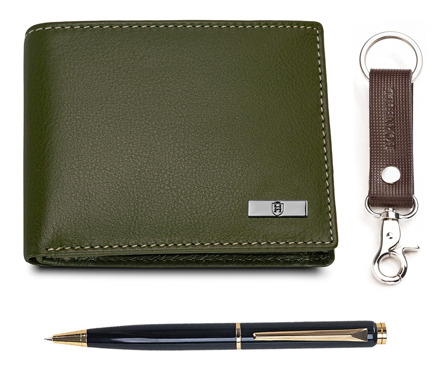 HORNBULL Maddison Olive Green Mens Leather Wallet, Keyring & Pen Combo Gift Set for Men | Valentine's Day Gift for Men