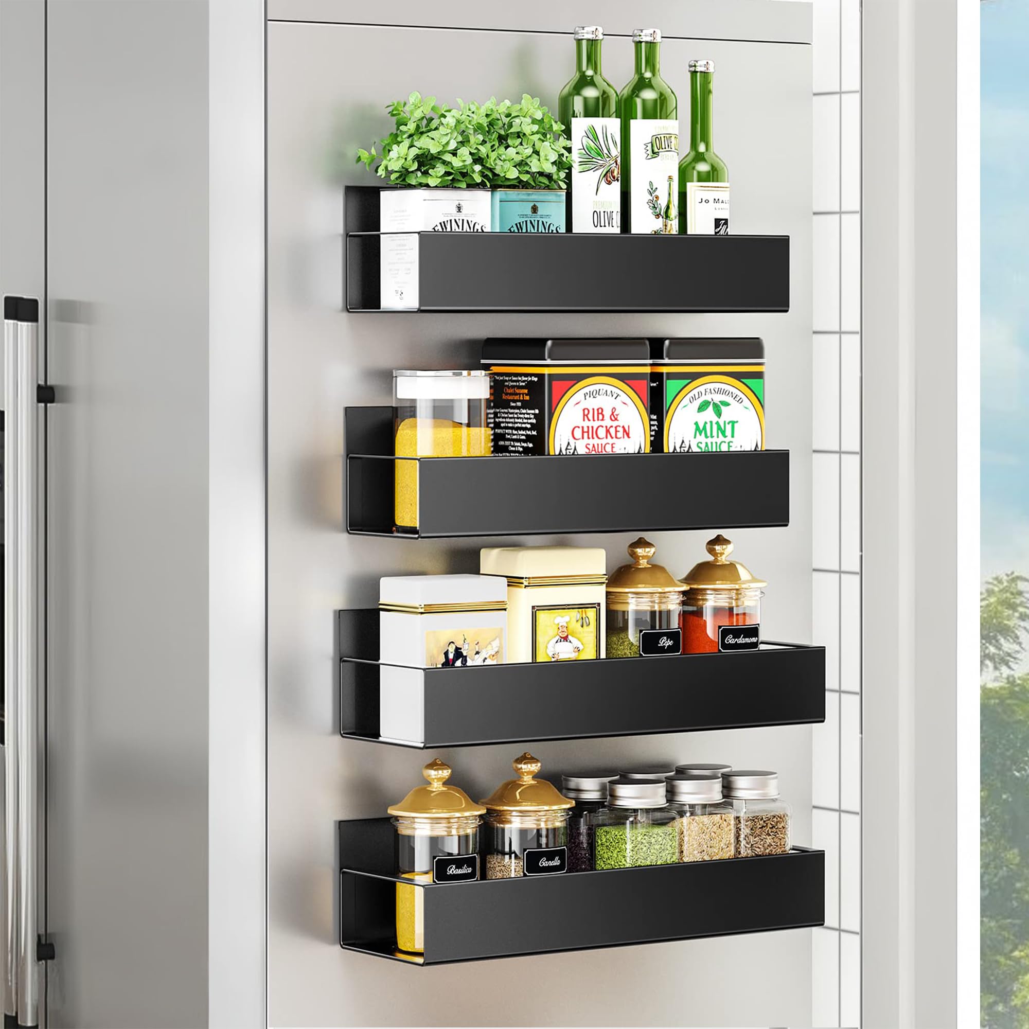 Sleclean Magnetic Spice Rack for Refrigerator, 4 pack, Spice Rack Organizer for Refrigerator and Microwave Oven, Multi Use Kitchen Magnetic Shelf, Black