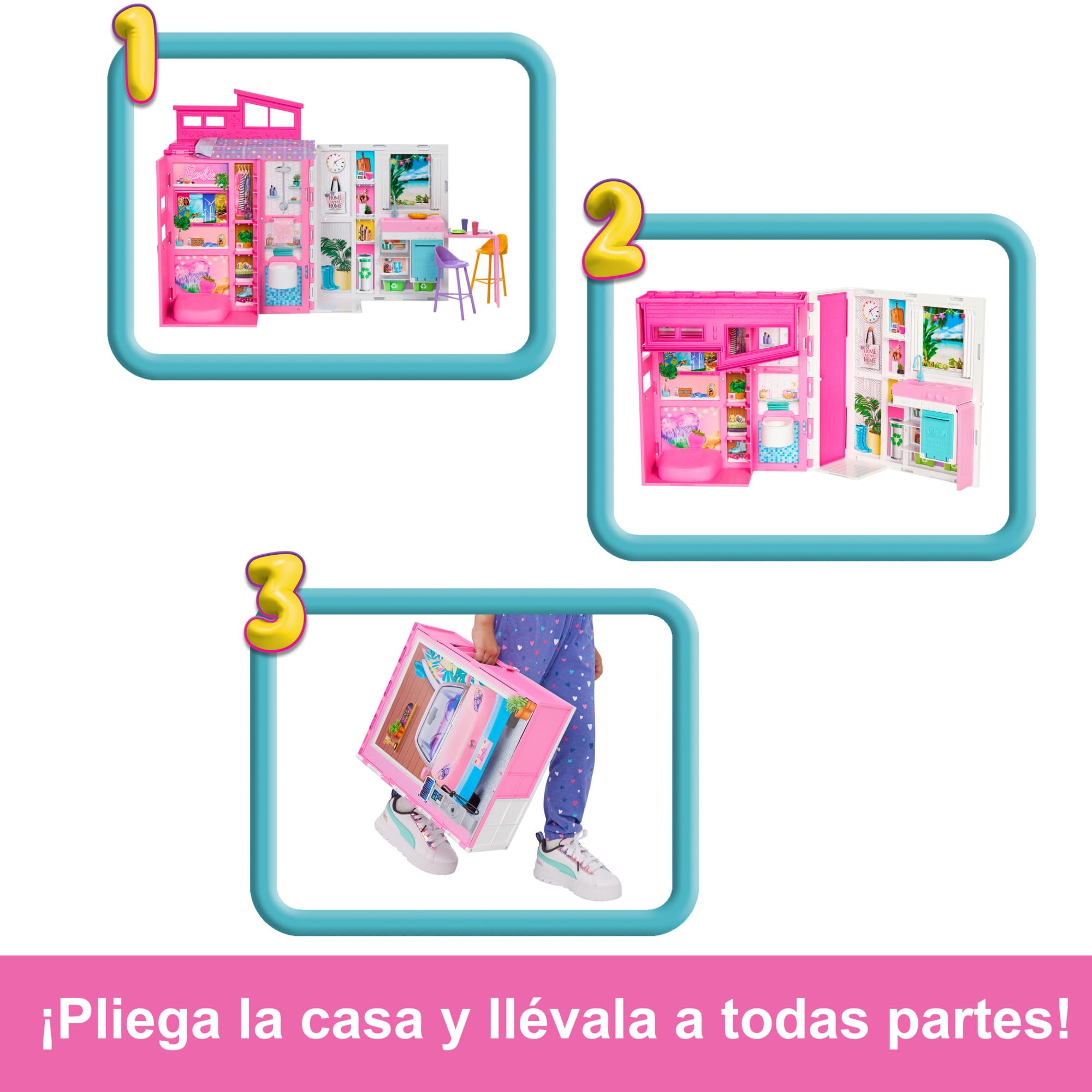 Barbie Apartamento 4 estancias Casa de muñecas Plegable con Muebles y Accesorios, Juguete +3 años (Mattel HRJ76)