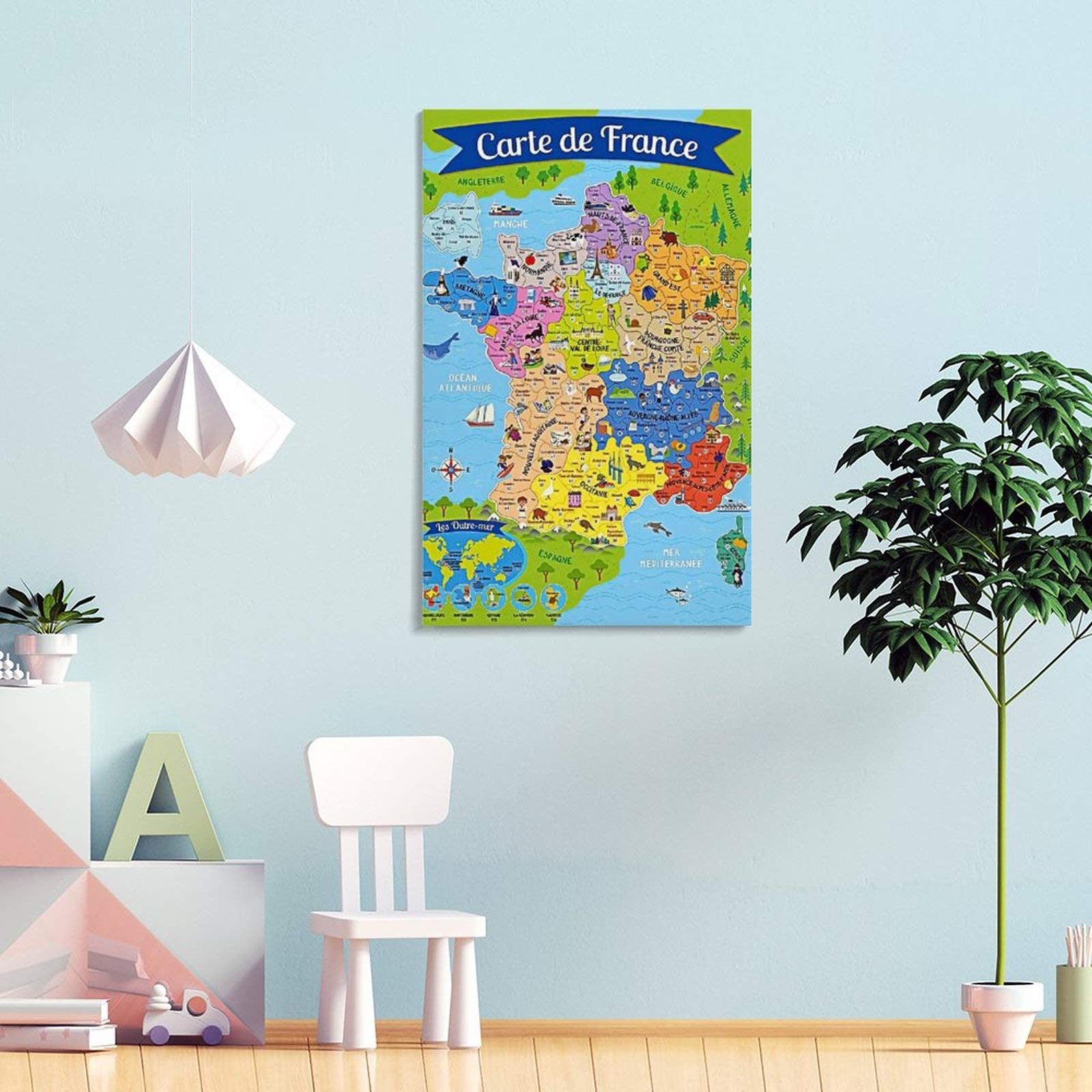 TUOXIE Poster carte de France pour enfants Peinture décorative sur toile Art mural Posters Salon Chambre 50 x 75 cm