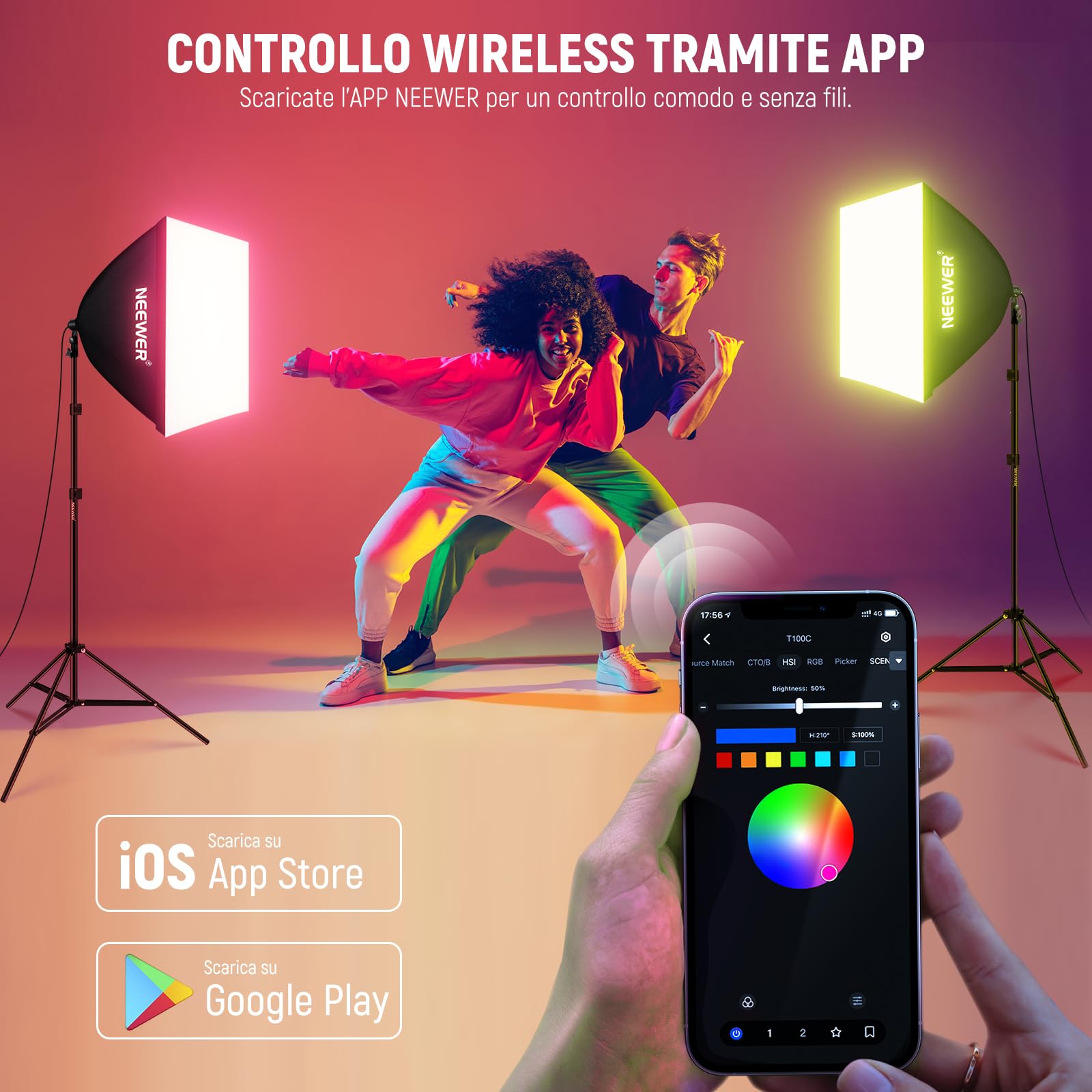 NEEWER Lampadina LED RGB per Fotografia, Confezione da 2, Controllo App, Lampadina LED 26W con 9 Effetti, 400lux/m 2700K-6500K CRI93+ TLCI98+, Base E26 per Kit di Illuminazione Softbox Studio, T100C