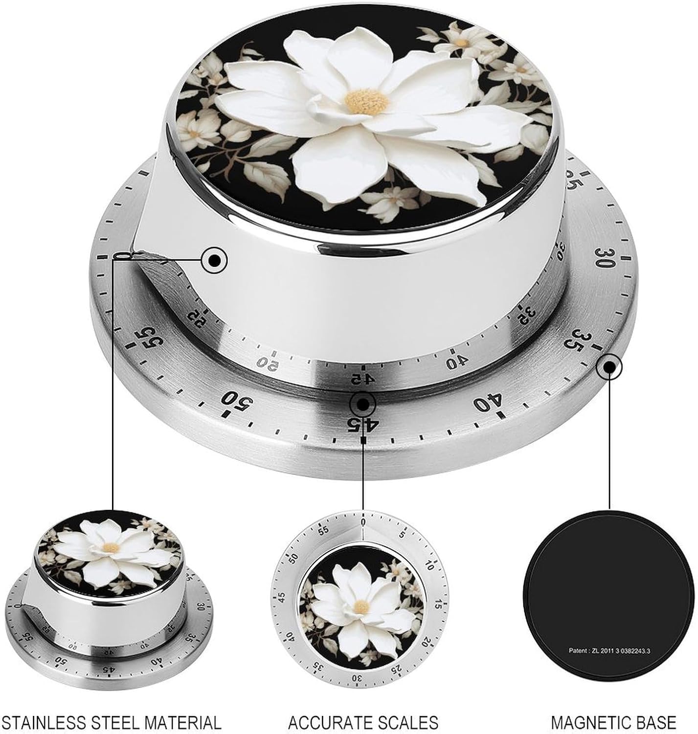 White Floral Timer Magnetic Backing 100% Mechanical Desk Timers Wind Up 60 Minutes Manual Countdown Timers No Batteries Required Kitchen Timer for Cooking
