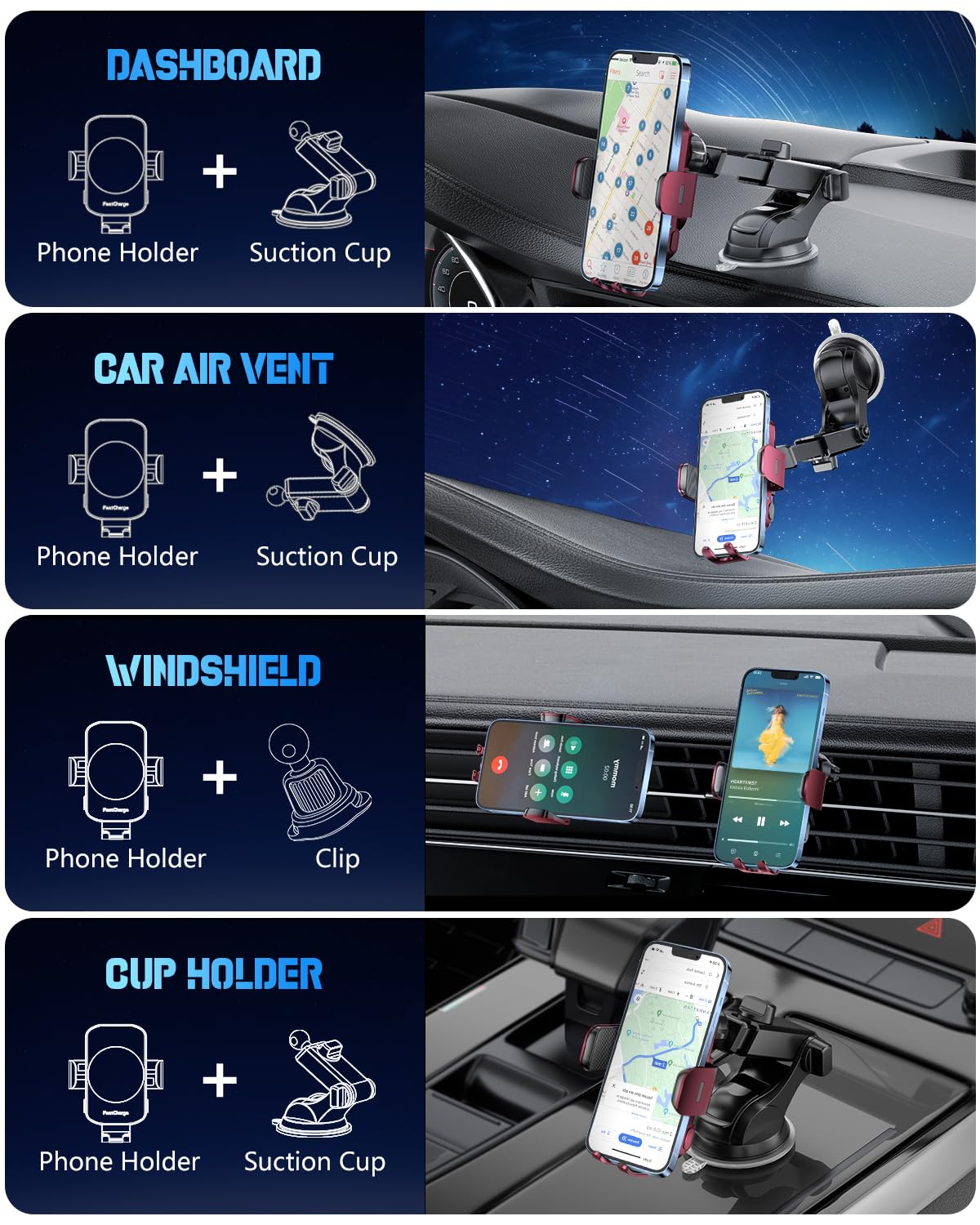 BothLin Caricabatterie da auto wireless, supporto per telefono a ricarica rapida 3 in 1, supporto per telefono con bloccaggio automatico, accessori per auto, compatibile con iPhone 17 16 15 14 13 12