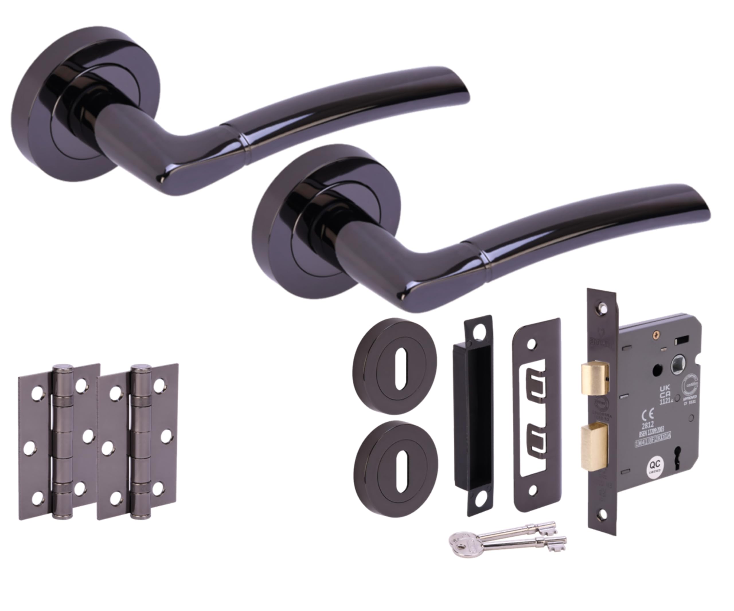 Hunta HANDLEZONE® Neemo Door Handles on Rose 3 Lever Lock Pack with Ball Bearing Hinges - Black Nickel