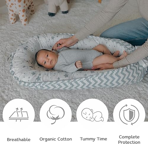 Miniatura 6 de Tumbona para bebé, tumbona infantil de algodón orgánico, reversible, ajustable y portátil, uso supervisado, suave, transpirable, funda lavable