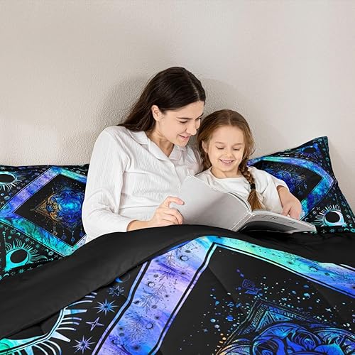 Miniatura 5 de Erosebridal Juego de edredón bohemio de atrapasueños tamaño King, color azul hippie y teñido anudado, juego de edredón bohemio con sol y luna