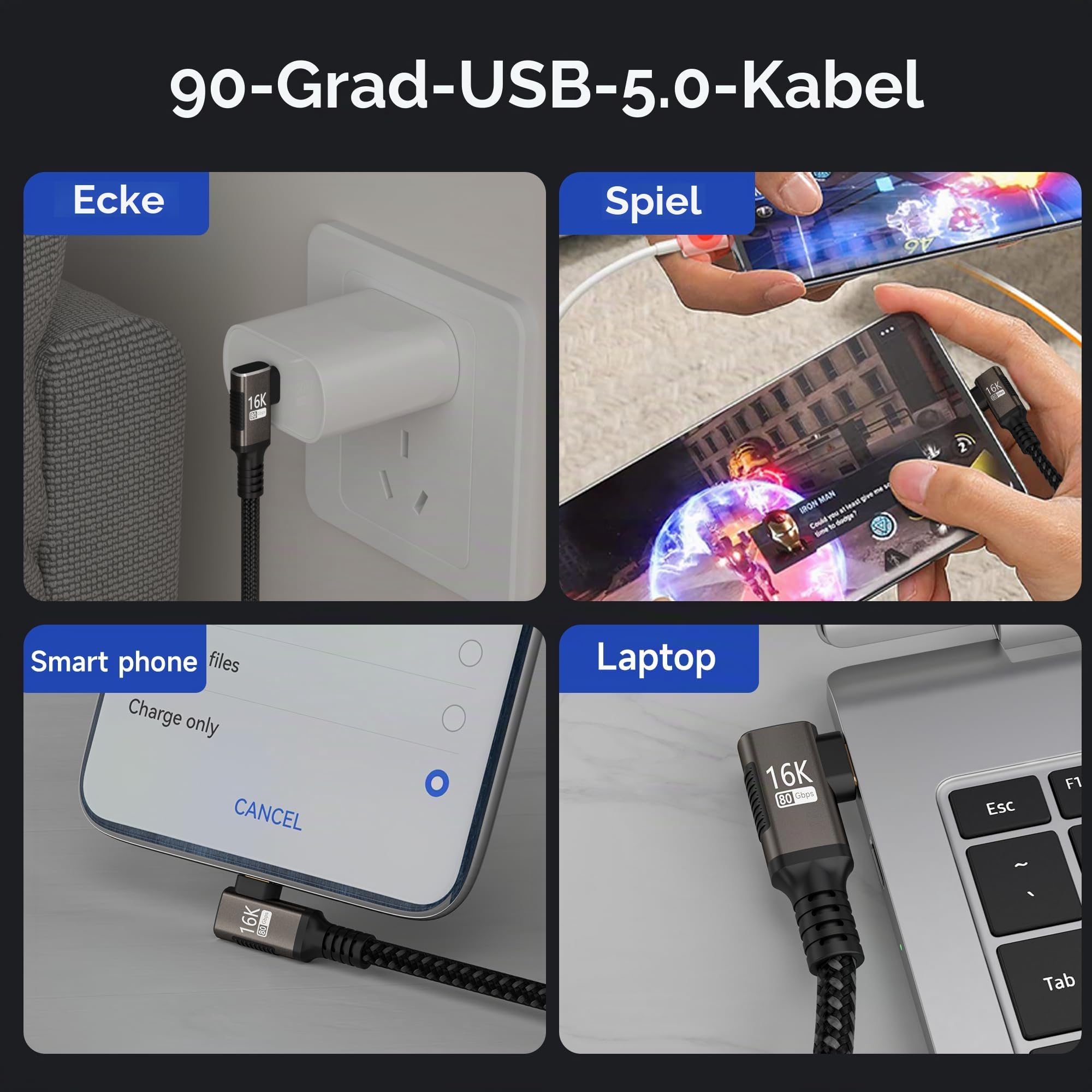 langes USB5 Kabel Winkelkabel 90 Grad 3 m,USB-C Kabel 80Gbps Datenübertragung Kompatibel mit Thunderbolt 5/4,USB typ c ladekabel 240W,16K@60Hz/8K@120Hz Videoübertragung für Display,SSD,Laptop