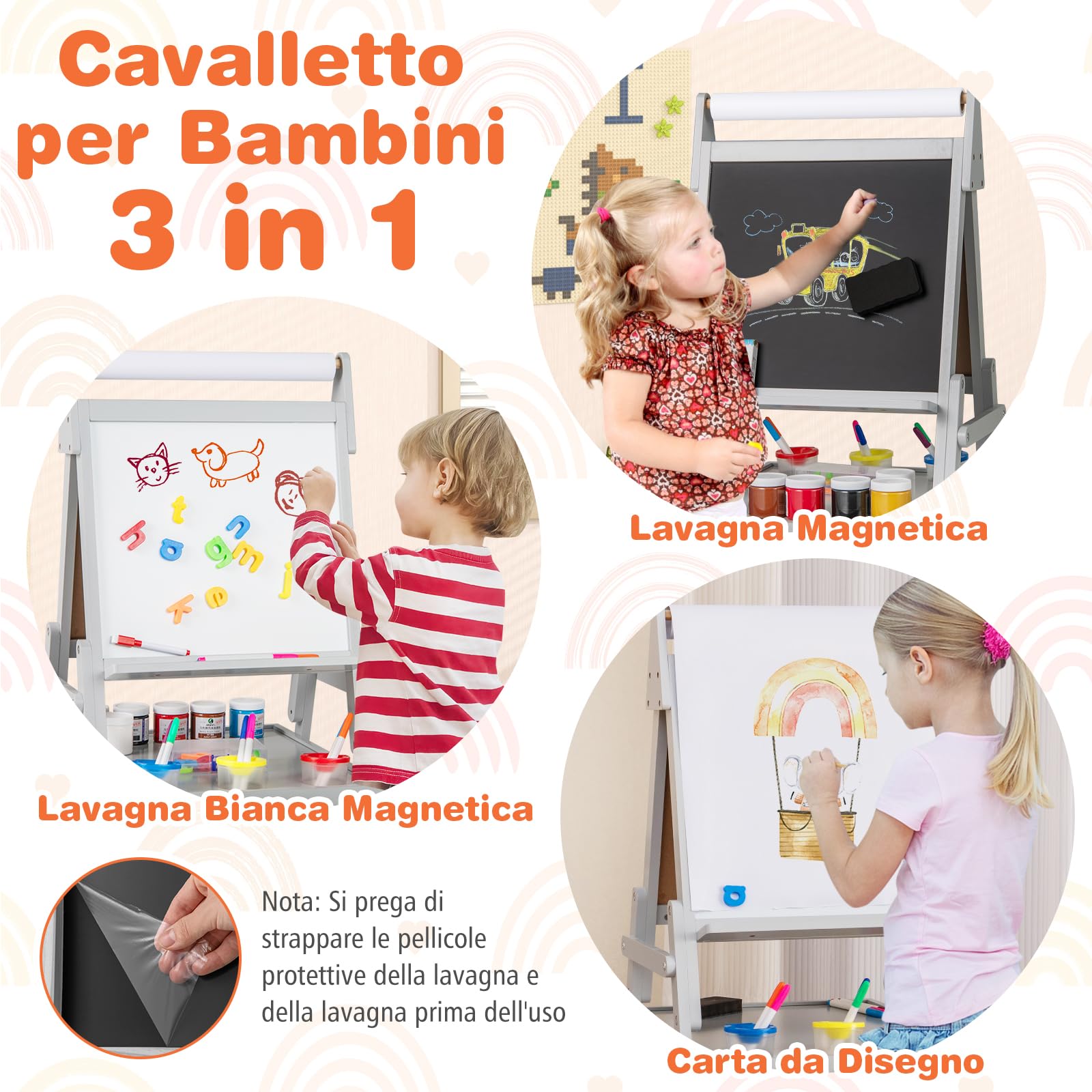 COSTWAY 3 in 1 Cavalletto per Bambini, Cavalletto con Doppia Faccia Magnetica e Lavagna Bianca, Rotolo di Carta, 3 Bicchieri per Vernice e 2 Cestini in Tessuto, per Bambini 3-6 Anni (Grigio)