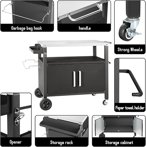 Miniatura 2 de Mesa de carrito de comedor con gran armario de almacenamiento, mesa de barbacoa movible al aire libre, soporte para horno de pizza, carrito de