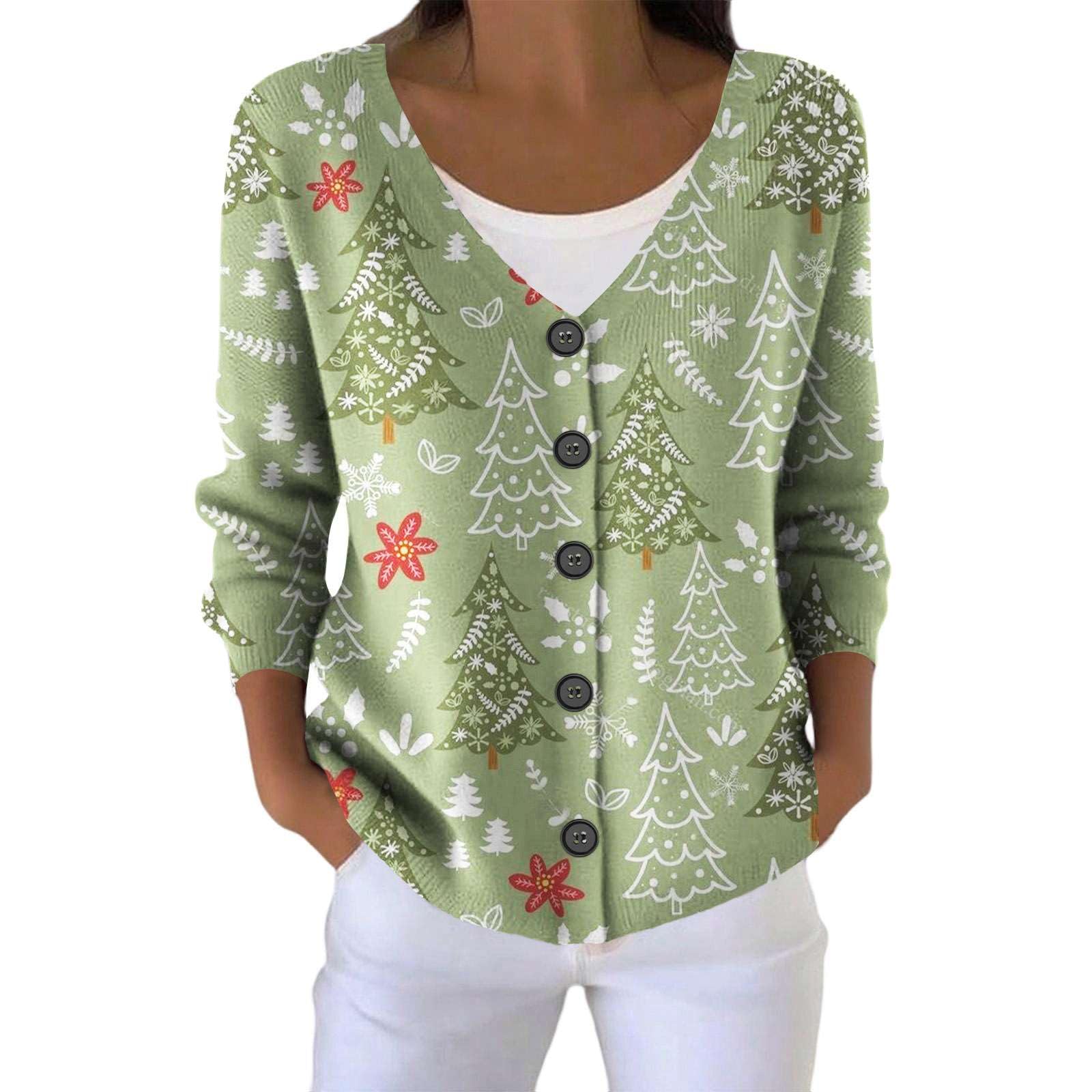 Womens Merry Christmas Print Cardigan Drop Shoulder Long Sleeve V-Neck Button Ugly Christmas Sweaters 2025