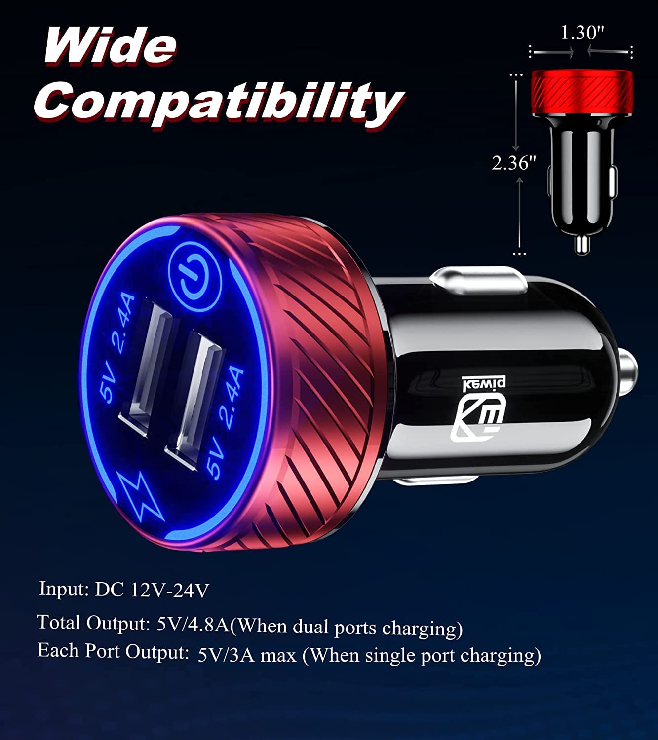 KEWIG Accendisigari Auto USB Con Carica Rapida Doppia Porta 4.8A E Interruttore Touch - Rosso - 2