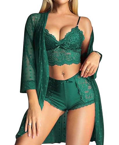 RSLOVE Sexy Lingerie Robe Set - 3 Piece Women's Lingerie Lace Floral Robe with Bra and Panty Set Babydoll Sheer Nightgown - Medium - Green
