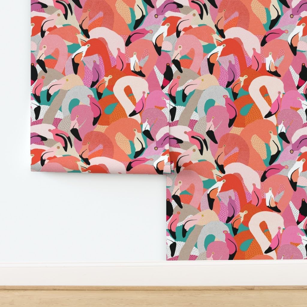 Peel & Stick Wallpaper 3ft x 2ft - Orange Pink Large Flamingo Bird Feathers Tropical Florida Coastal Collage Illustration Beach House Custom Removable Wallpaper by Spoonflower