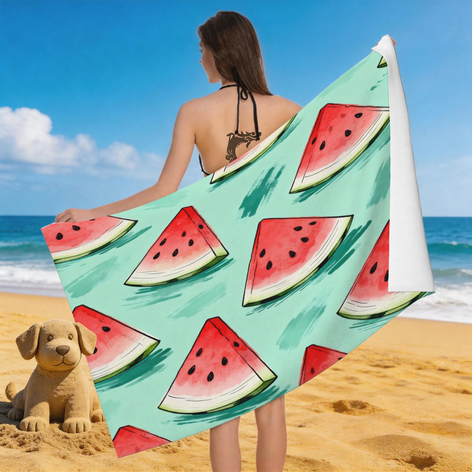 Leichong 3D Watermelon Beach Towel Large Microfiber Soft Quick Dry for Adults, Fruit Bath Towel Lightweight Soft Absorbent for Travel Swimming Pool Sports, 80 x 160 cm