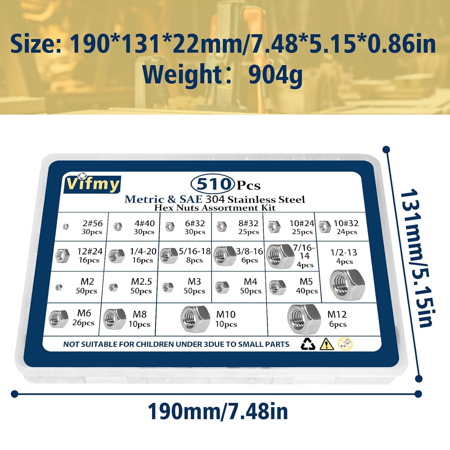 2 in 1 SAE & Metric Hex Nut Assortment Kit(510pcs),2#56 4#40 6#32 8#32 10#24 10#32 12#24 1/4-20 5/16-18 3/8-16 7/16-14 1/2-13 M2 M2.5 M3 M4 M5 M6 M8 M10 M12 304 Stainless Steel Nuts Set