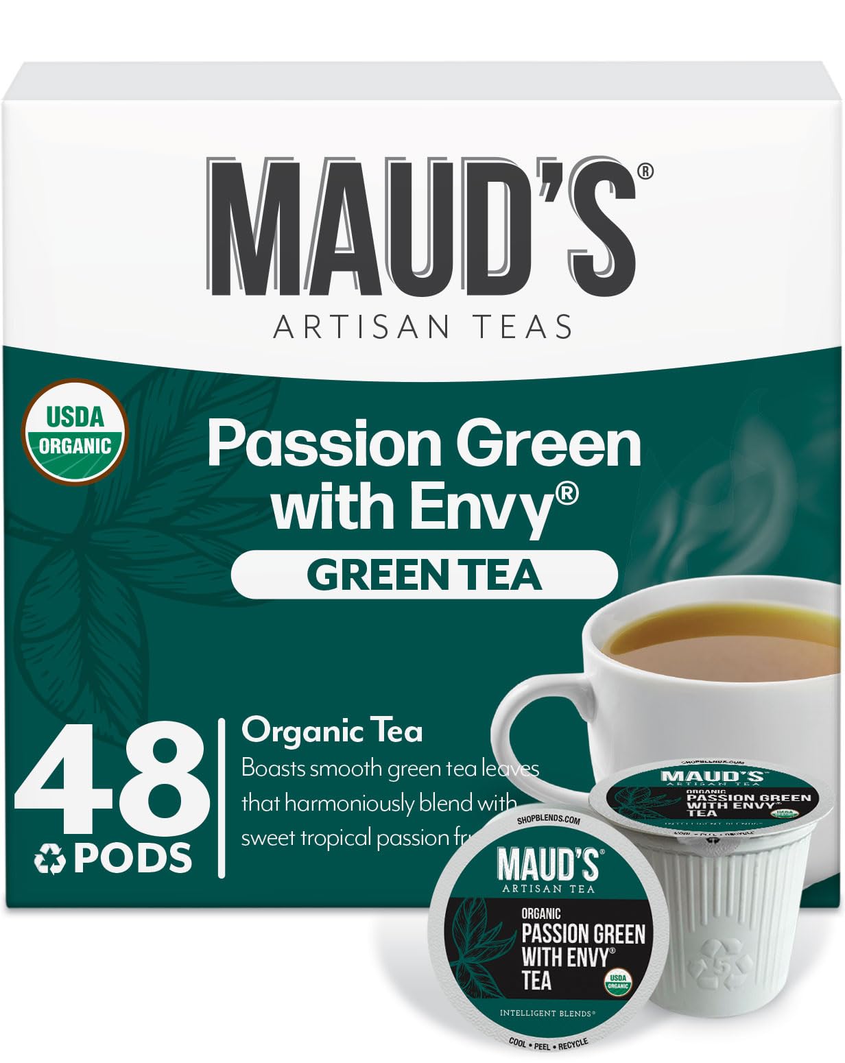 Maud's Organic Passion Green Tea Pods, 48 ct, Single Serve Tea Pods – 100% Gourmet Blended Tea Leaves, Compatible with Keurig K Cups Maker