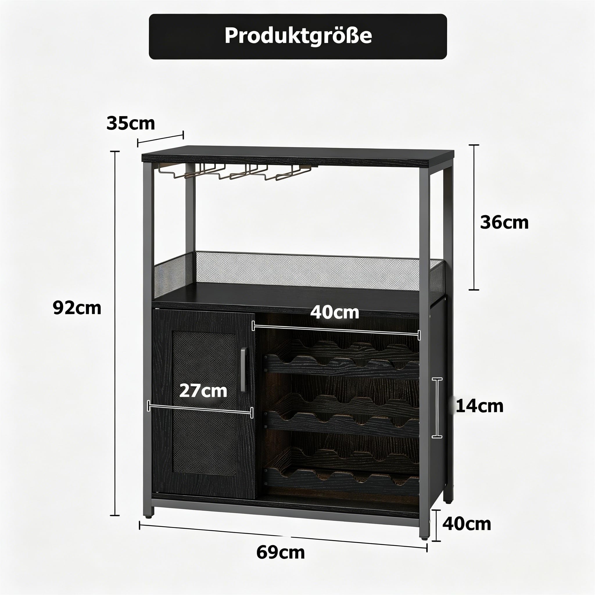 Weinlagerschrank LED Licht, höhenverstellbares Weinregal & Gläserhalter, Getränkeschrank für Küche, Esszimmer oder Wohnzimmer stilvolle Aufbewahrung für Weinflaschen, 70x35x92 cm Schwarz