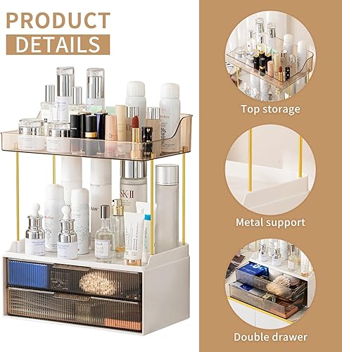 Miniatura 6 de shuang qing Organizador de encimera de baño de 2 niveles y 2 cajones, organizador grande para el cuidado de la piel, estante de almacenamiento de