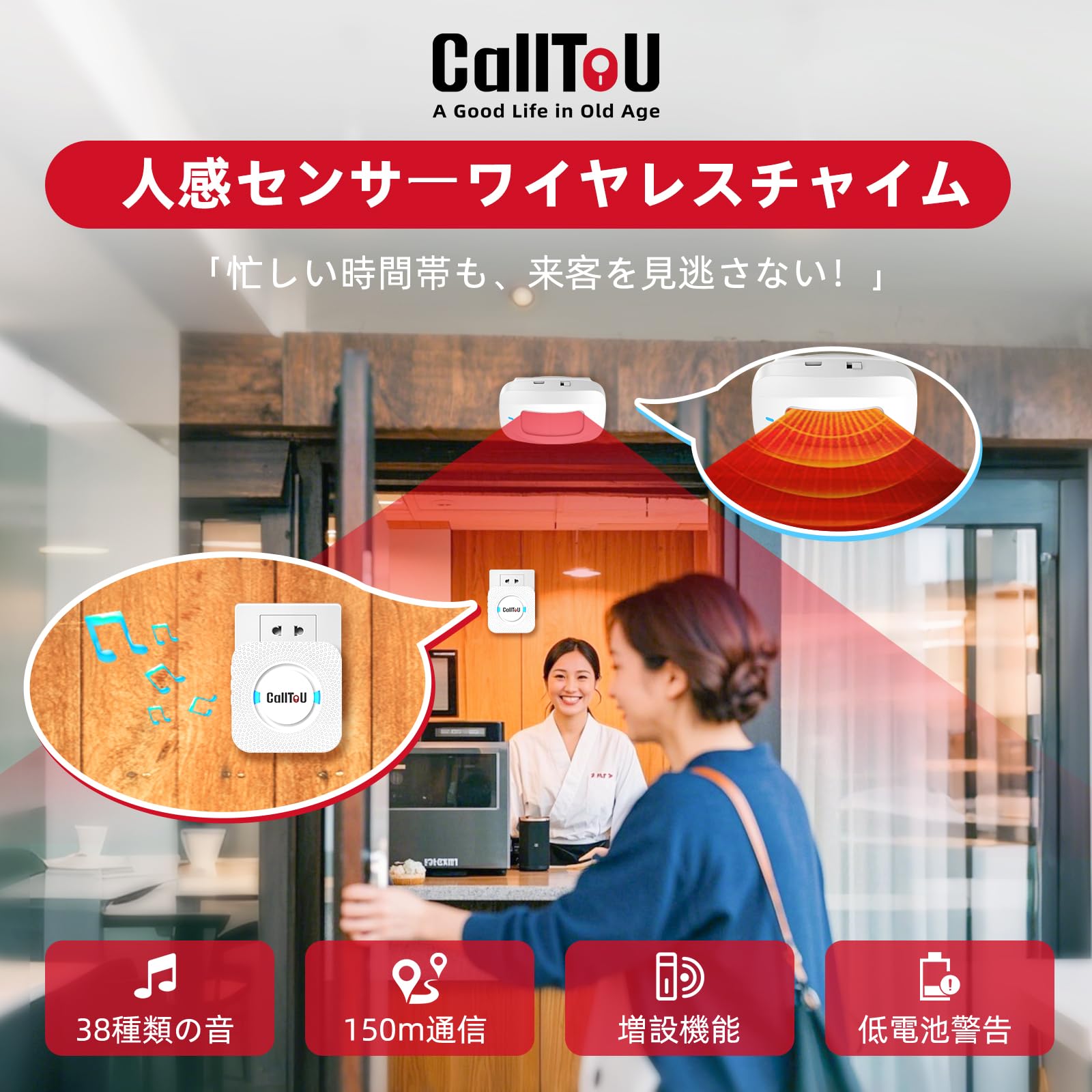 Amazon.co.jp: CallToU ワイヤレスチャイム 人感センサー 玄関用 店舗