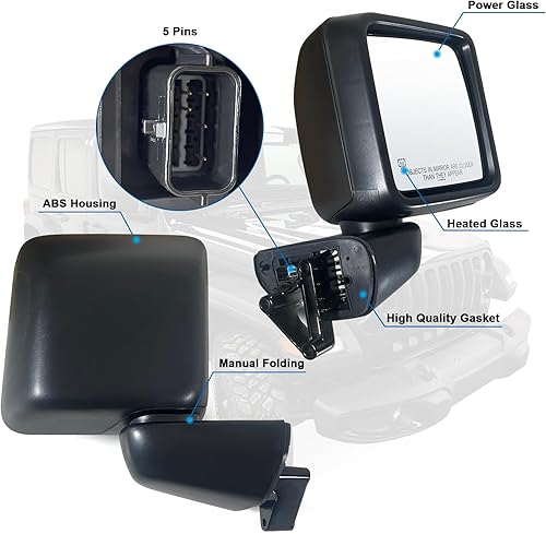 Miniatura 7 de Espejo lateral izquierdo del conductor con calefacción, cristal eléctrico y plegable manual compatible con Jeep Wrangler JL 2019-2023 sin giro