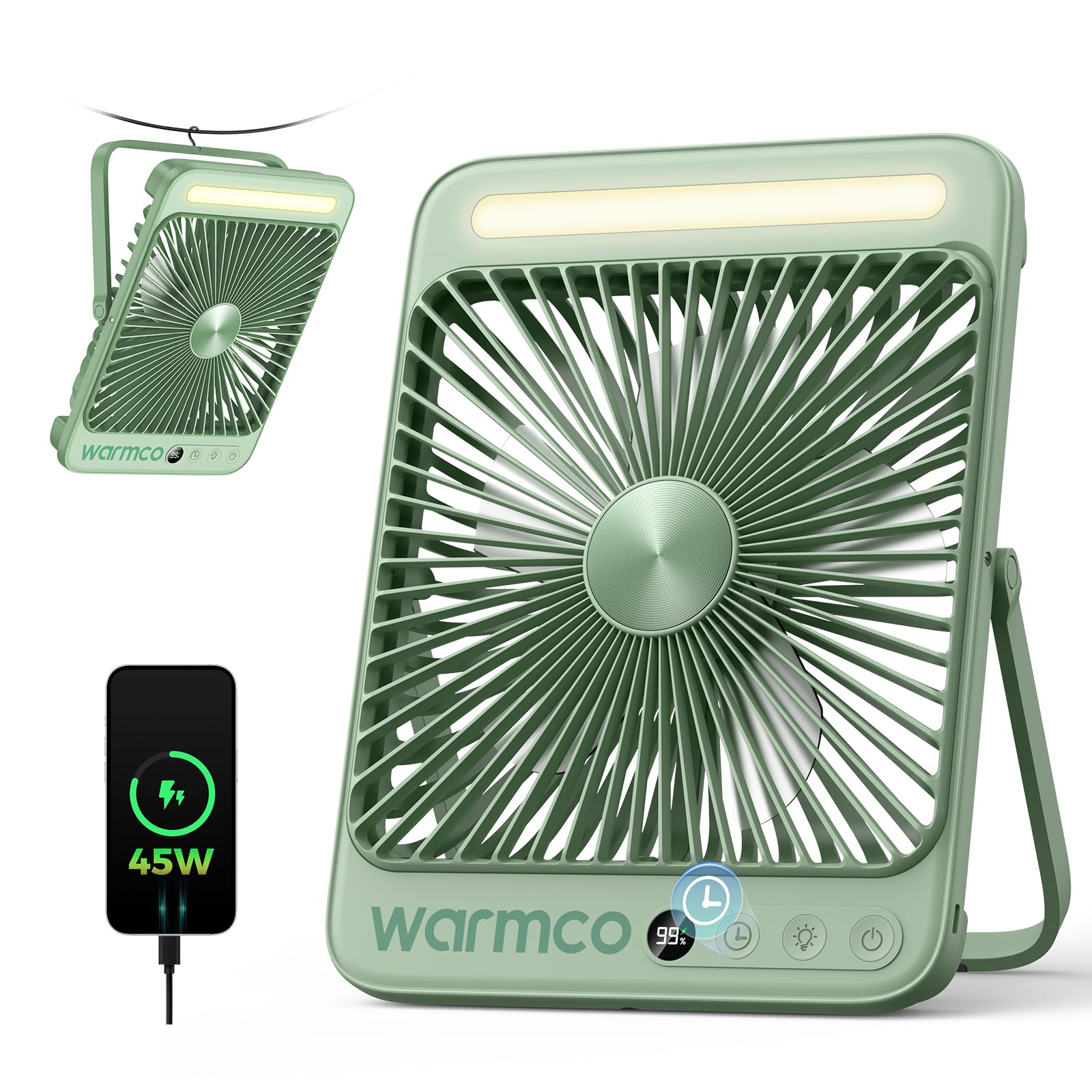 Warmco D4 Max Akku Camping Ventilator 20000mAh, 45W Schnellladung, 8H Timer | 2,5 Std. Volladung, LED-Laterne & Haken, Leiser Ultraflacher Tragbarer Ventilator Für Zelt, Wohnmobil, Schlafzimmer