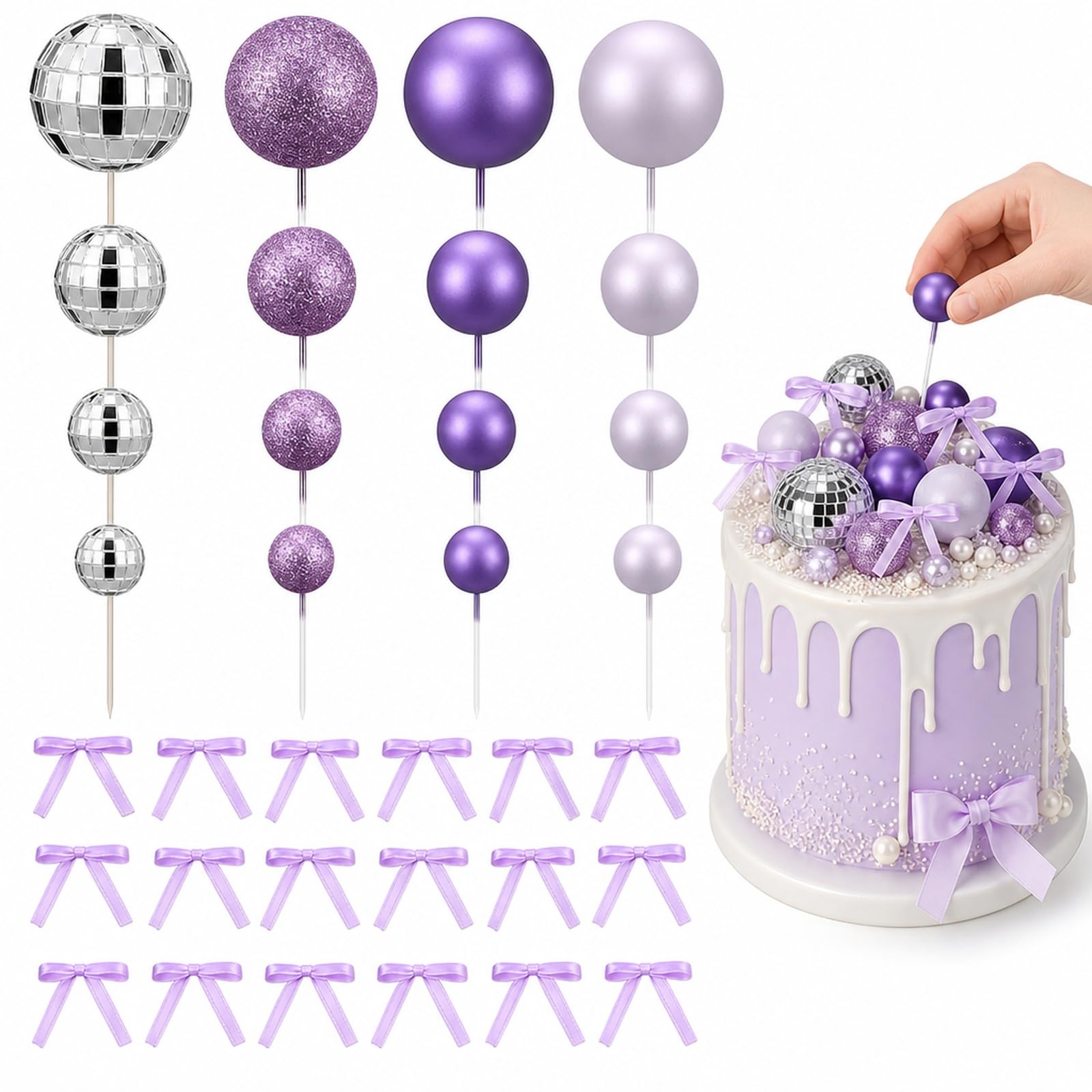 36-Piece Disco Ball Cake Decorations, Purple and Silver