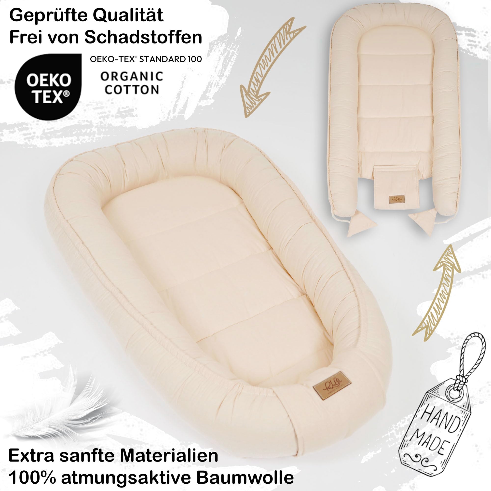 PaLulli Nido extra grande para bebé de 100 x 60 cm, algodón, reversible, reversible, hecho a mano, transpirable y seguro (beige)