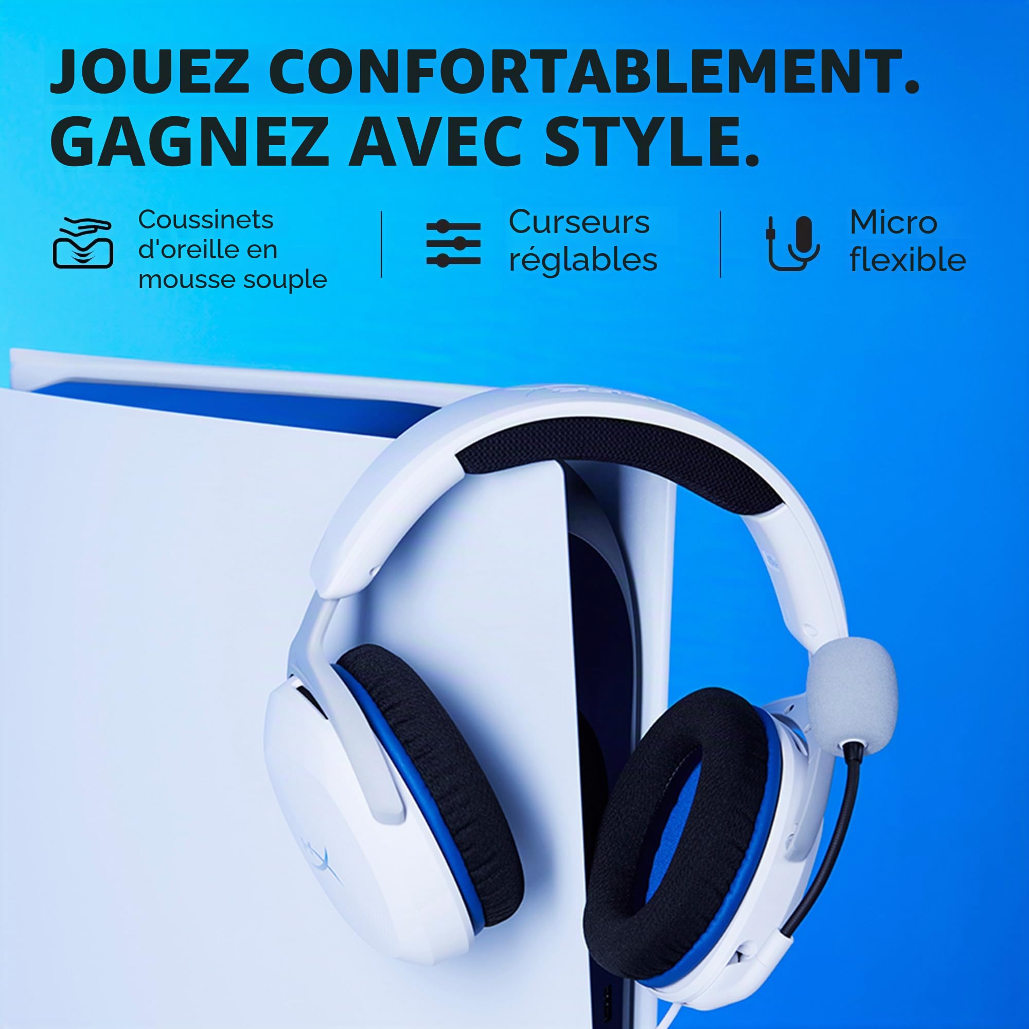 HyperX Cloud Stinger 2 Core pour PlayStation, Casque gaming filaire PS5/PS4, Haut parleurs 40 mm, Micro antibruit avec mute par pivotement, Commandes audio sur casque, Léger, Blanc