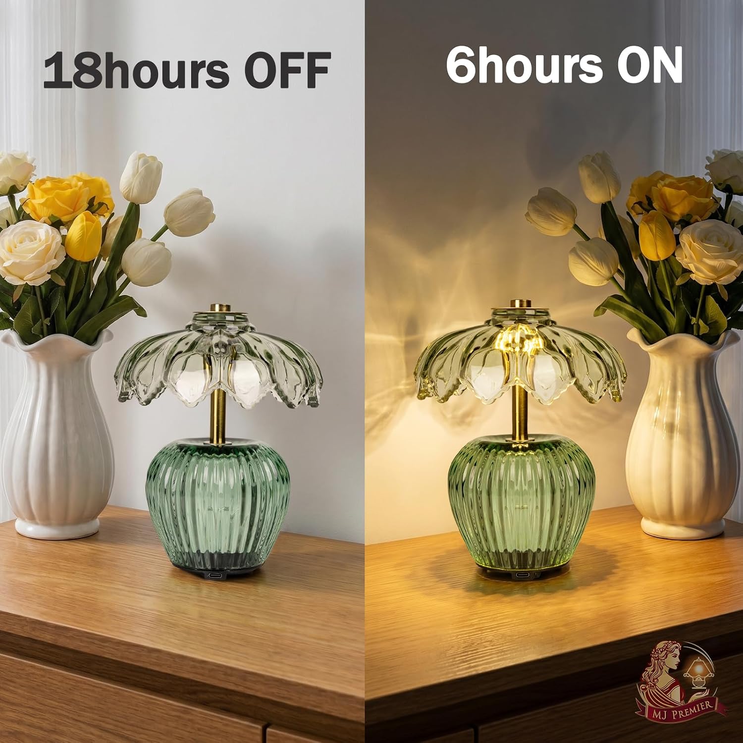 MJ PREMIER Rechargeable Table Lamp, Cordless Lamp with Timer, Crystal Glass Flower Lampshade, Small Table Lamps, Decorative Led Light for Bedroom Living Room Shelf (Green)