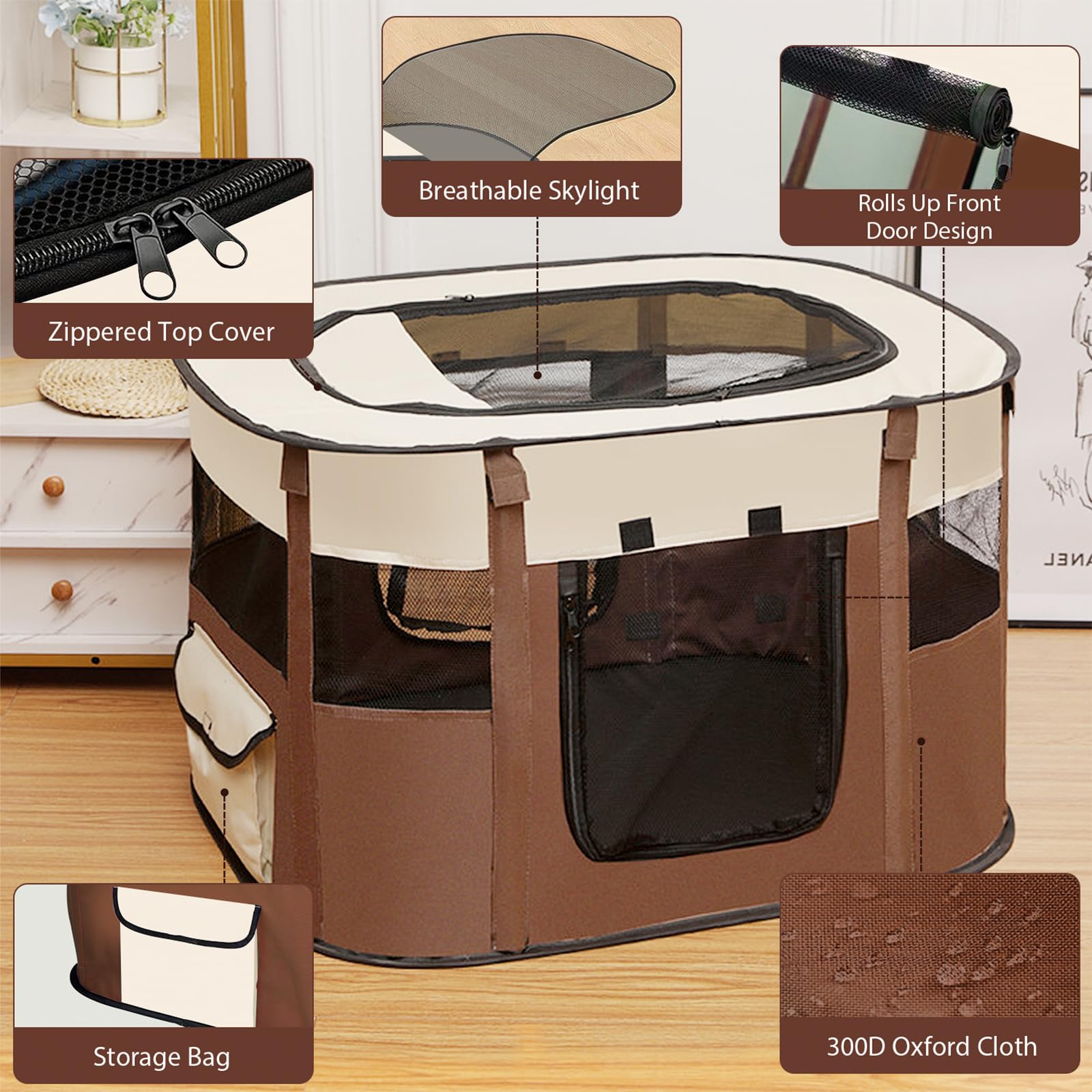 Recinto per Animali Pieghevole - Box Portatile per Cani, Gatti, Cuccioli e Conigli - Marrone 90 x 70 x 58 cm - Traspirante e da Interno