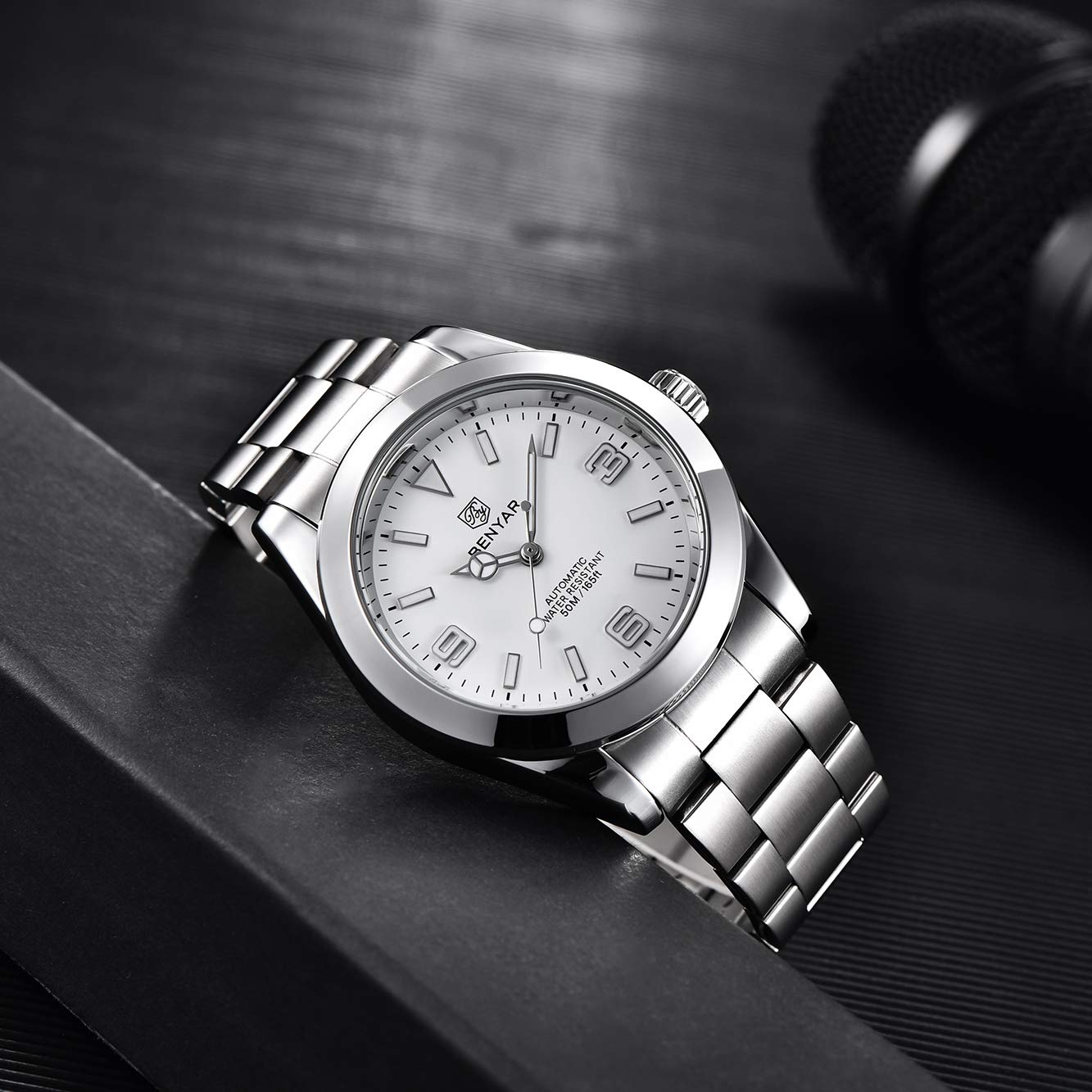 BENYAR Uomo elegante 41MM orologio meccanico automatico impermeabile cinturino in acciaio inox luminoso casual business orologio da polso analogico