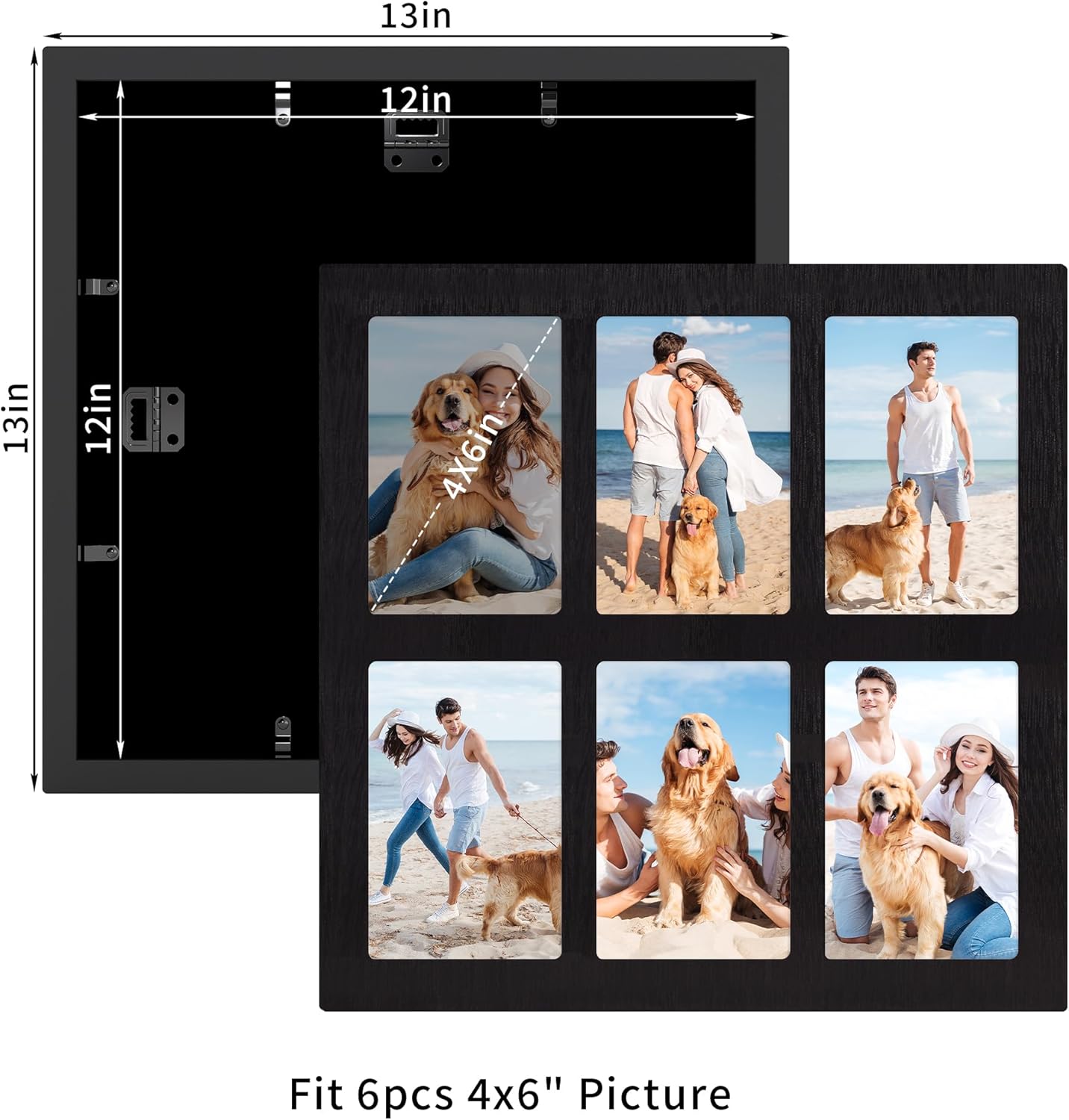 YESKAY 4x6 Picture Frame Collage,4 x 6 Multiple Photo Collage with Tempered Glass,6 Opening 4 by 6 Rustic Black Family Picture Frames for Wall Decor 1 Pack(OD:13X13in)