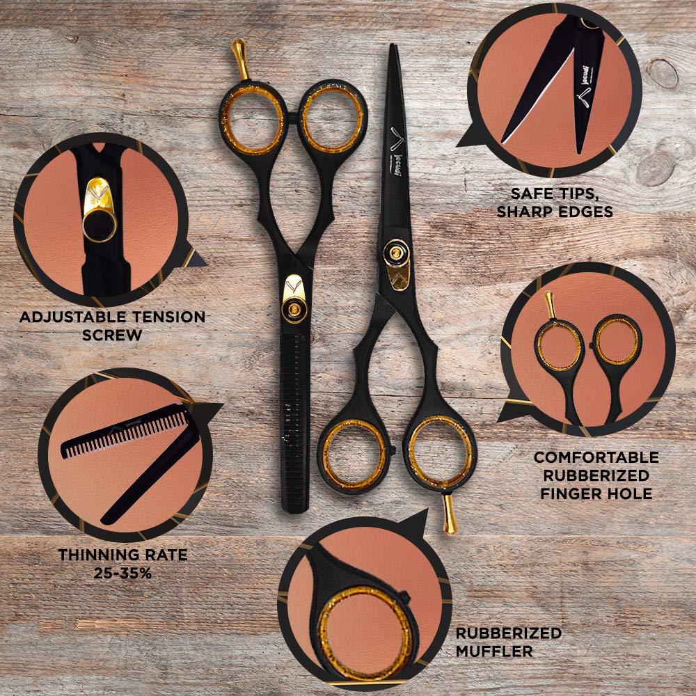 Jecudi Professional Hair Cutting Scissors Set - Handmade Japanese Stainless Steel , includes Barber Scissors , Hair Shears, Tweezers, Razor, 10 Blades, Comb, 2 Hair Clips & Cleaning Cloth. : Beauty & Personal Care