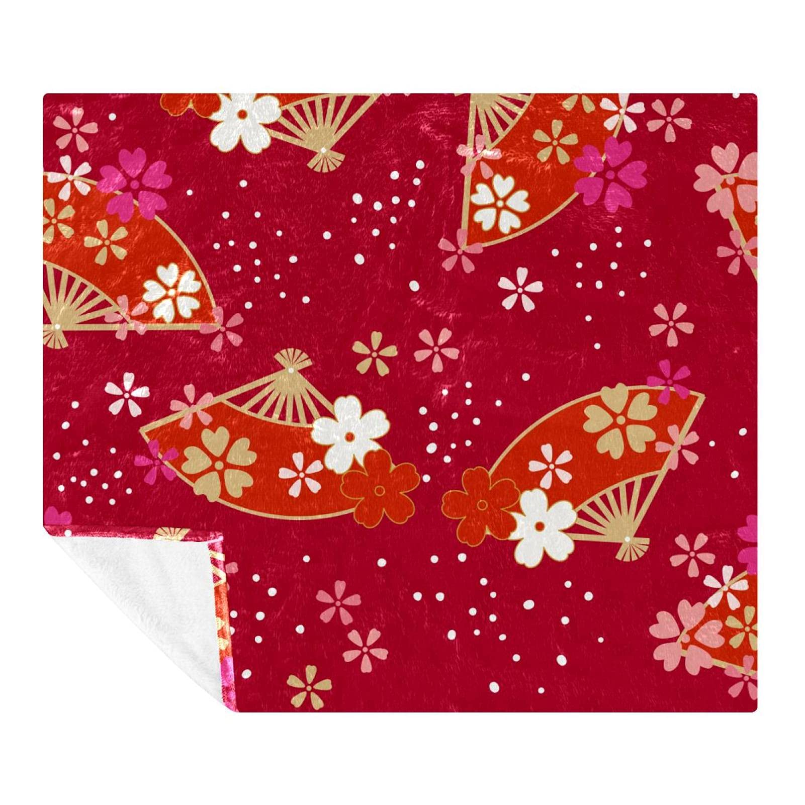 Couverture polaire éventail de fleurs style japonais rouge