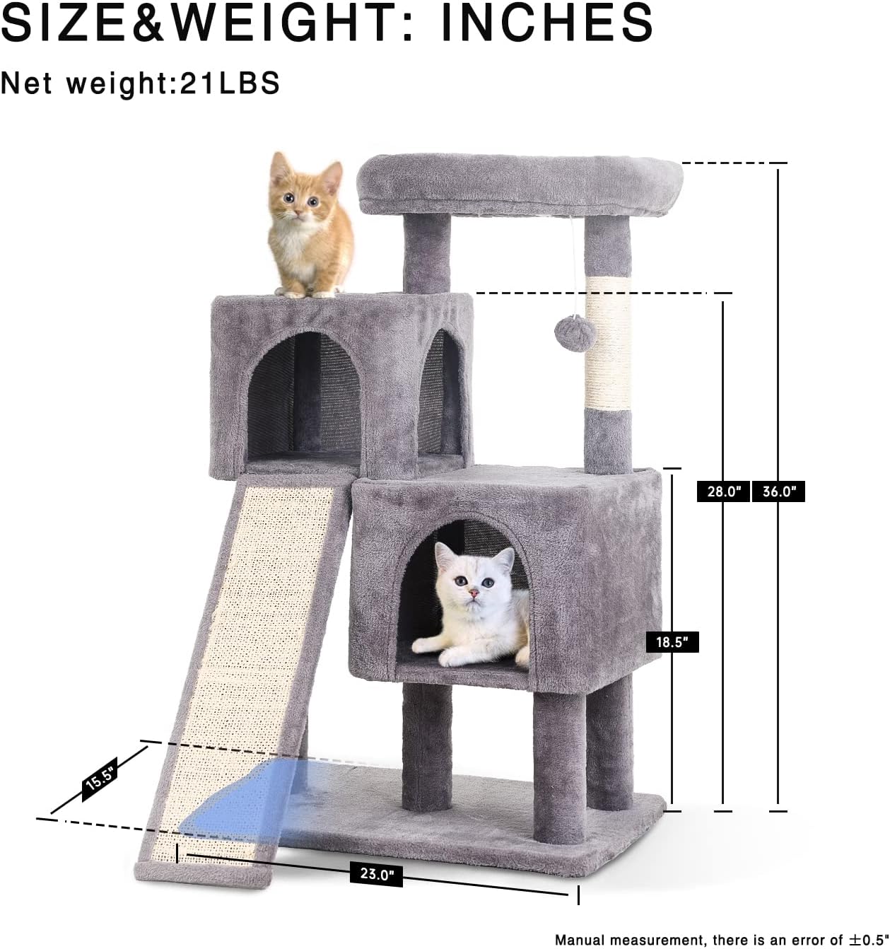 36 inches Cat Tower,Cat Tree for Indoor Cats with Scratching Posts Multi-Level Cat House with Ramp,Double Condos,Spacious Perch,Scratching Sisal Post and Dangling Balls for Kittens,Ashy