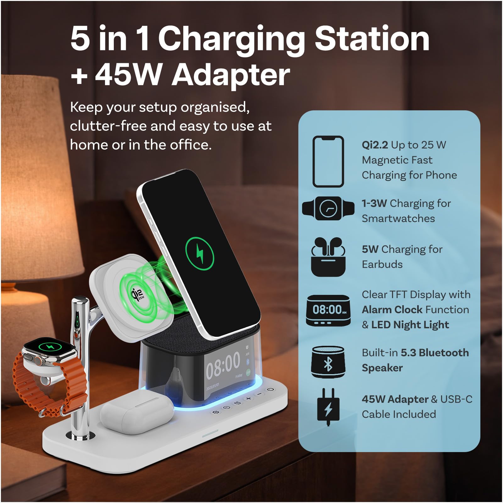 Caricatore Wireless Magnetica 5 in 1 con Sveglia, Altoparlante Bluetooth e Luce Notturna LED per MagSafe di MMOBIEL – Stazione Ricarica Qi2.2 25W per iPhone, per Apple Watch e per AirPods – Bianco